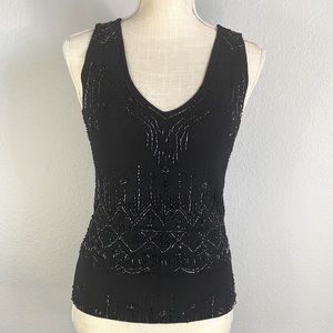 White House Black Market Black Beaded Sleeveless V-Neck Tank Top Size XS